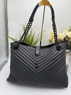 Rebecca Minkoff Edie Maxi Chevron Quilted Leather Tote Bag - Black on Black